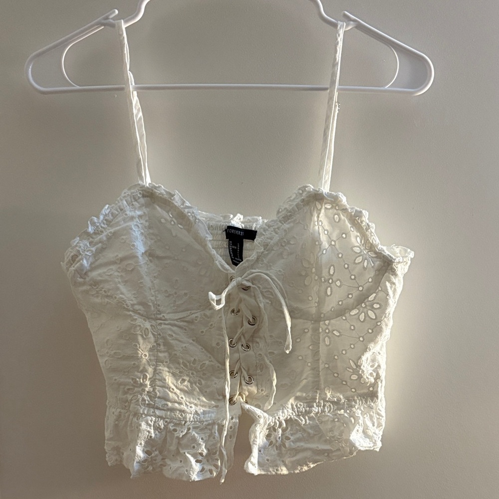 Forever 21 White Eyelet Lace-Up Crop Top